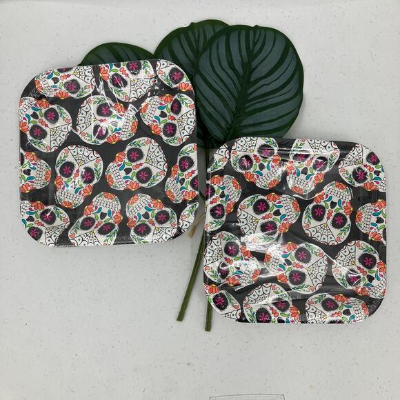 Unique Black Sugar Skull Day Of The Dead Halloween Party Paper Desert Plates Set - Picture 1 of 4
